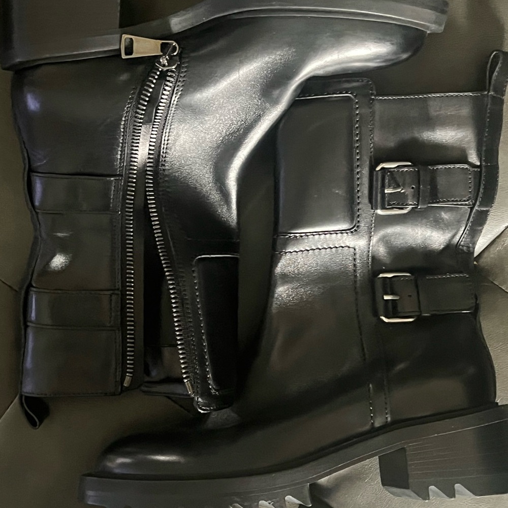 Tamara Mellon Black Combat Moto Boots with Buckle Straps